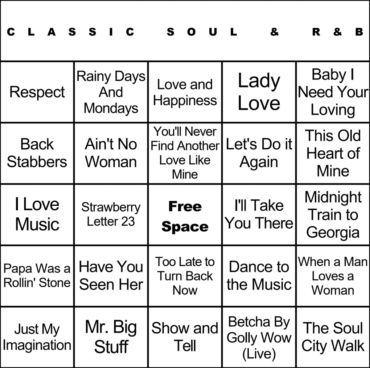 Classic Soul & R&B music bingo card example