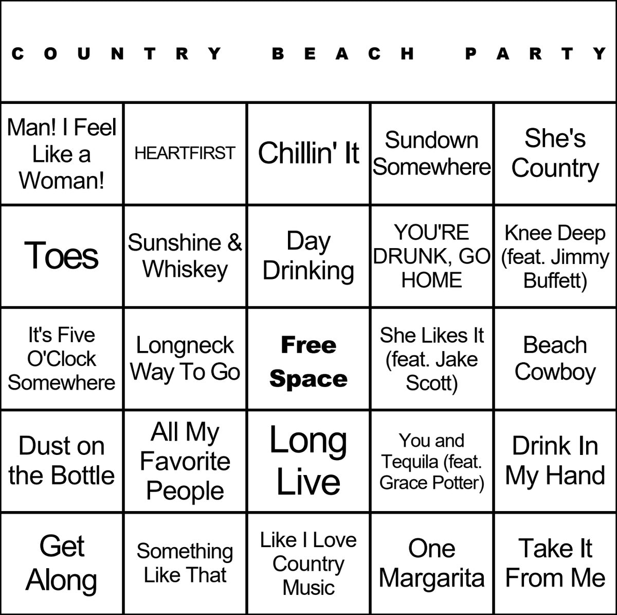 Country Beach Party music bingo card example