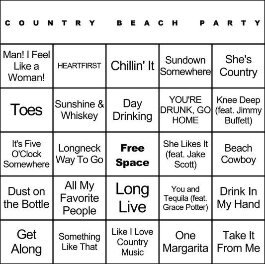 Country Beach Party music bingo card example