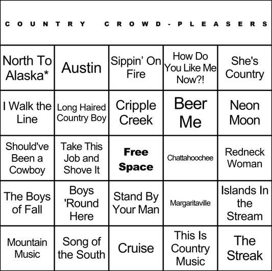 Country Crowd-Pleasers music bingo card example