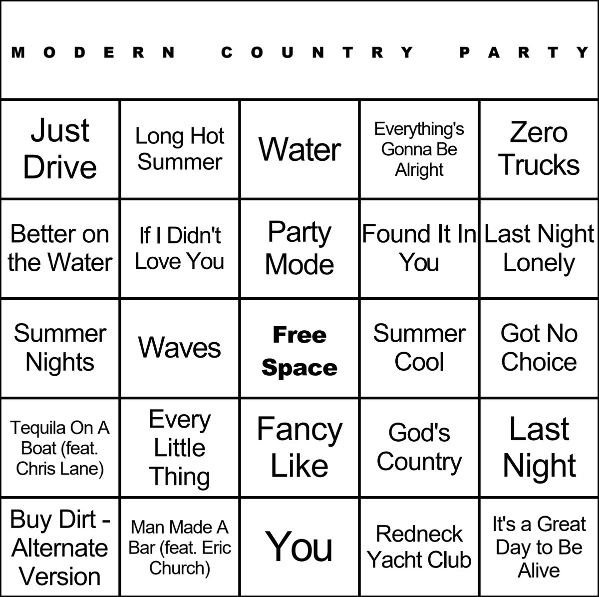 Modern Country Party music bingo card example