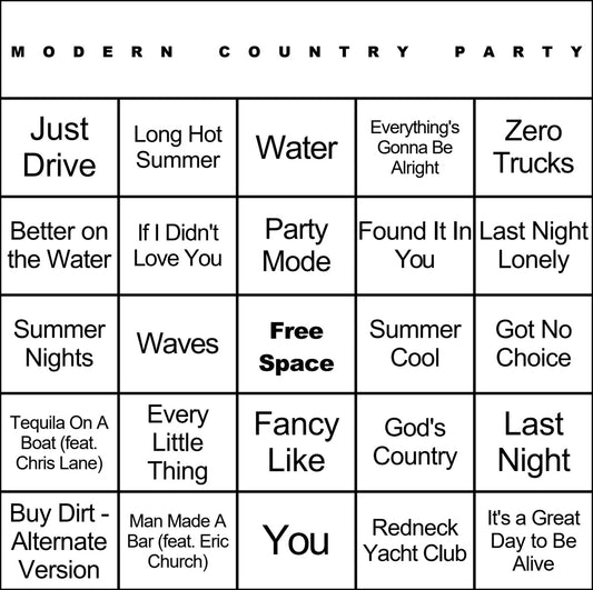 Modern Country Party music bingo card example