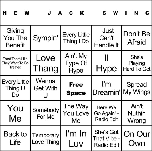 New Jack Swing laminated music bingo card example