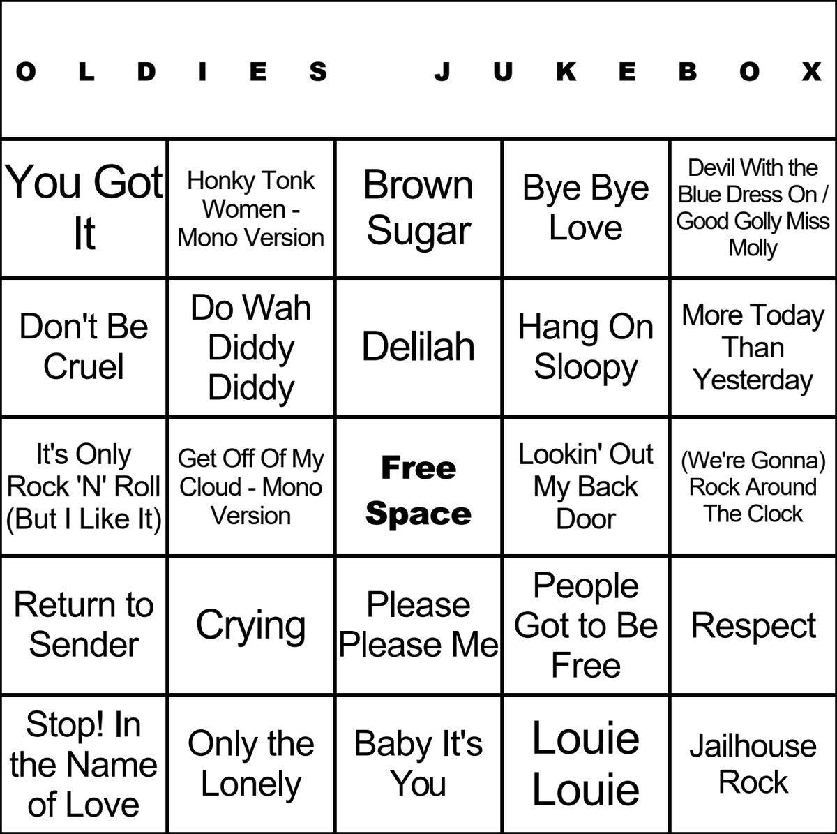 Oldies Jukebox music bingo card example
