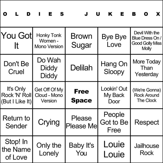 Oldies Jukebox music bingo card example