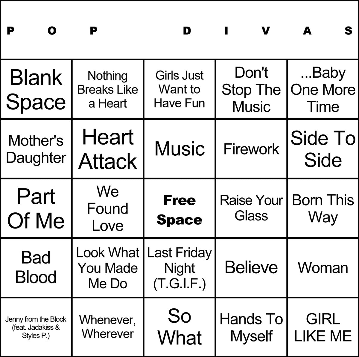 Pop Divas laminated music bingo card example