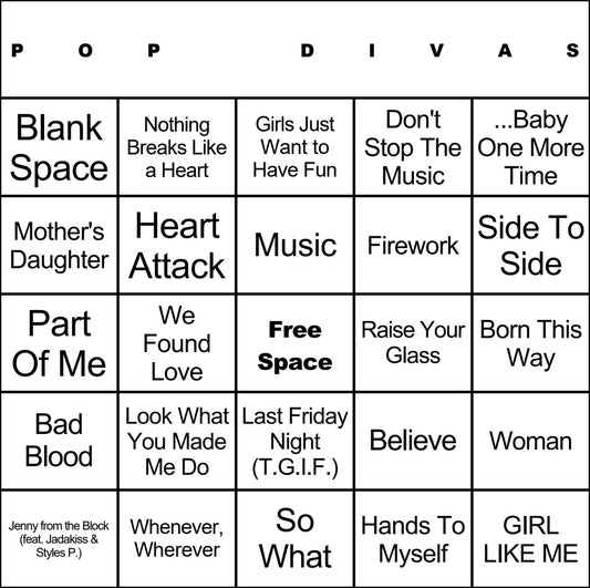 Pop Divas laminated music bingo card example