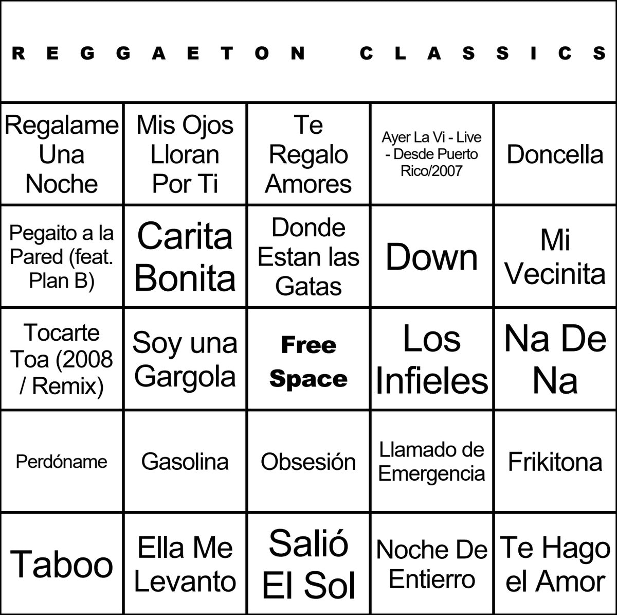 Reggaeton Classics laminated music bingo card example