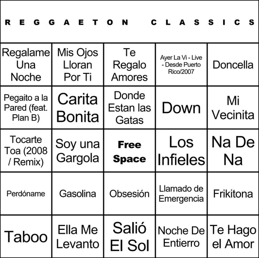 Reggaeton Classics laminated music bingo card example