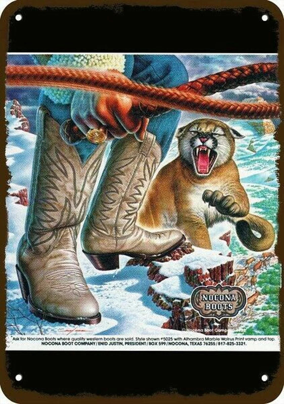 Vintage 1982 Nocona Boots Cowboy Cougar Aluminum Sign — product artwork