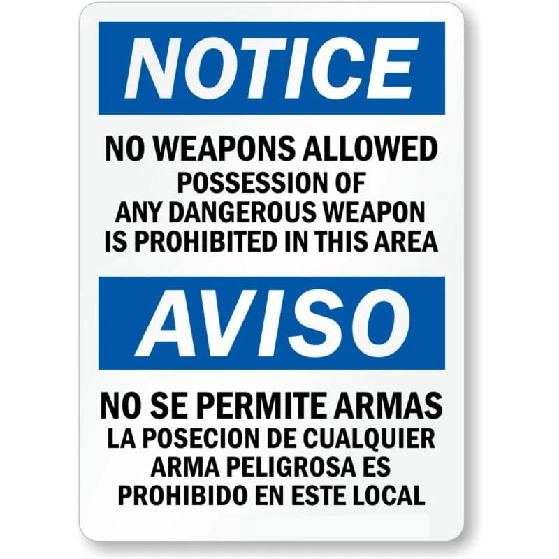 Bilingual No Weapons Allowed Aluminum Sign — product artwork