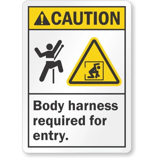 Caution Body Harness Required for Entry Aluminum Sign — product artwork