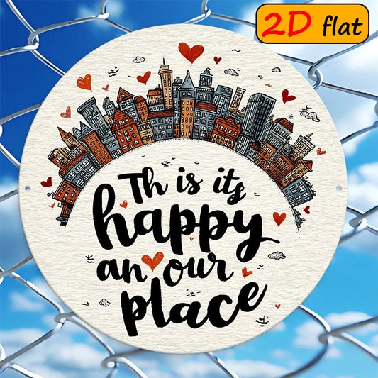Hand Painted City Heart Shaped Pattern Round Aluminum Sign — product artwork