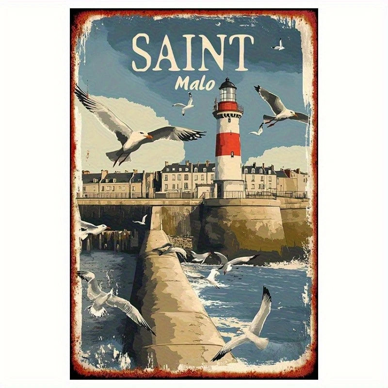 French Coastal Vintage Saint Malo Lighthouse Aluminum Sign — product artwork