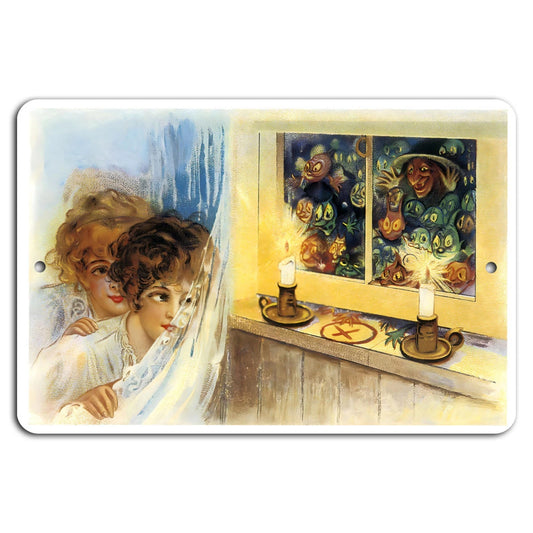 Woman Looking in Haunted Mirror Halloween Aluminum Sign — product artwork