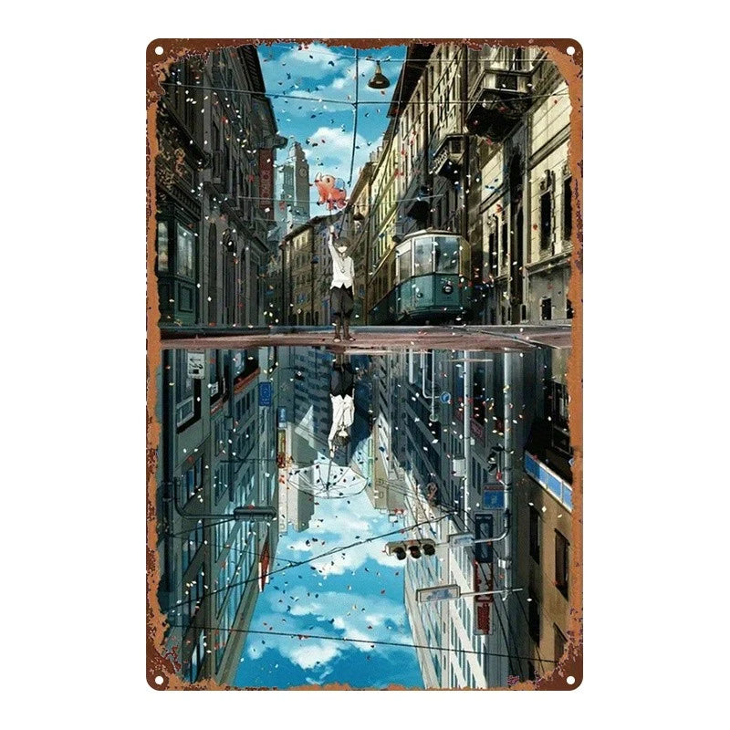 Retro City Reflection Cartoon Aluminum Sign — product artwork