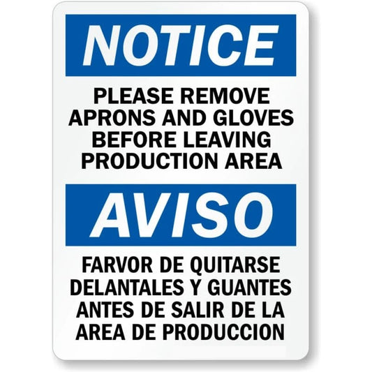 Bilingual Remove Aprons Gloves Aluminum Sign — product artwork