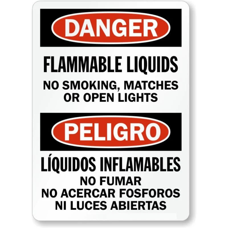 Danger Flammable Liquids No Smoking or Open Lights Bilingual Sign — product artwork