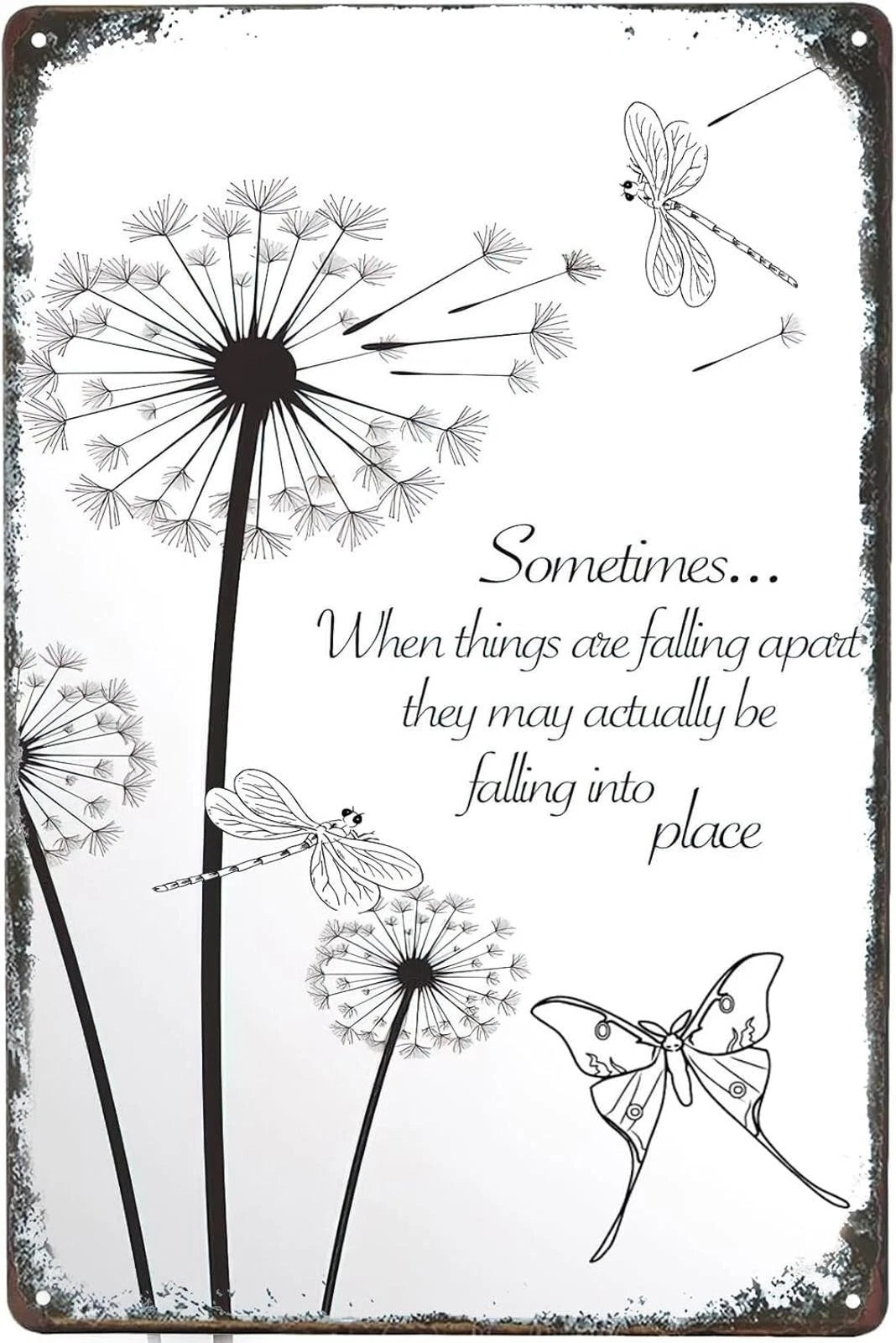 Vintage Dragonfly and Dandelion Funny Aluminum Sign — product artwork