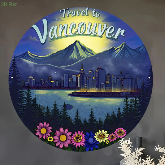 Vancouver Scenery Mountain City Nightscape Round Aluminum Sign — product artwork