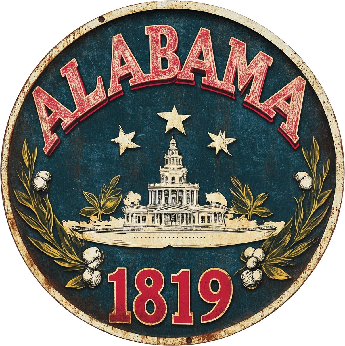 Alabama Vintage Scenic Round Aluminum Sign — product artwork