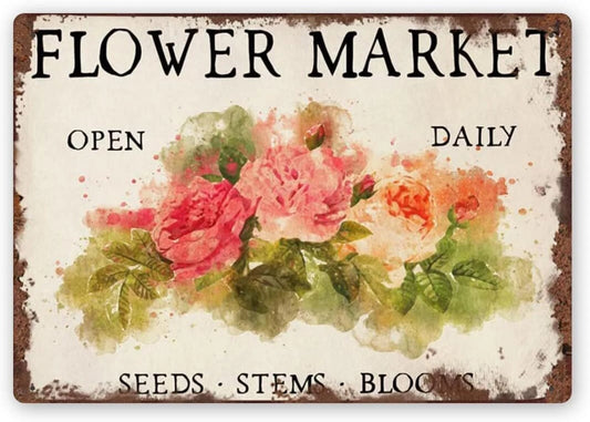 Kitchen Tin Retro Flower Market Open Daily Aluminum Sign — product artwork