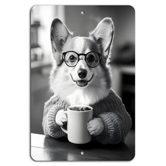 Coffee Vibes Vintage Rustic Corgi Aluminum Sign — product artwork