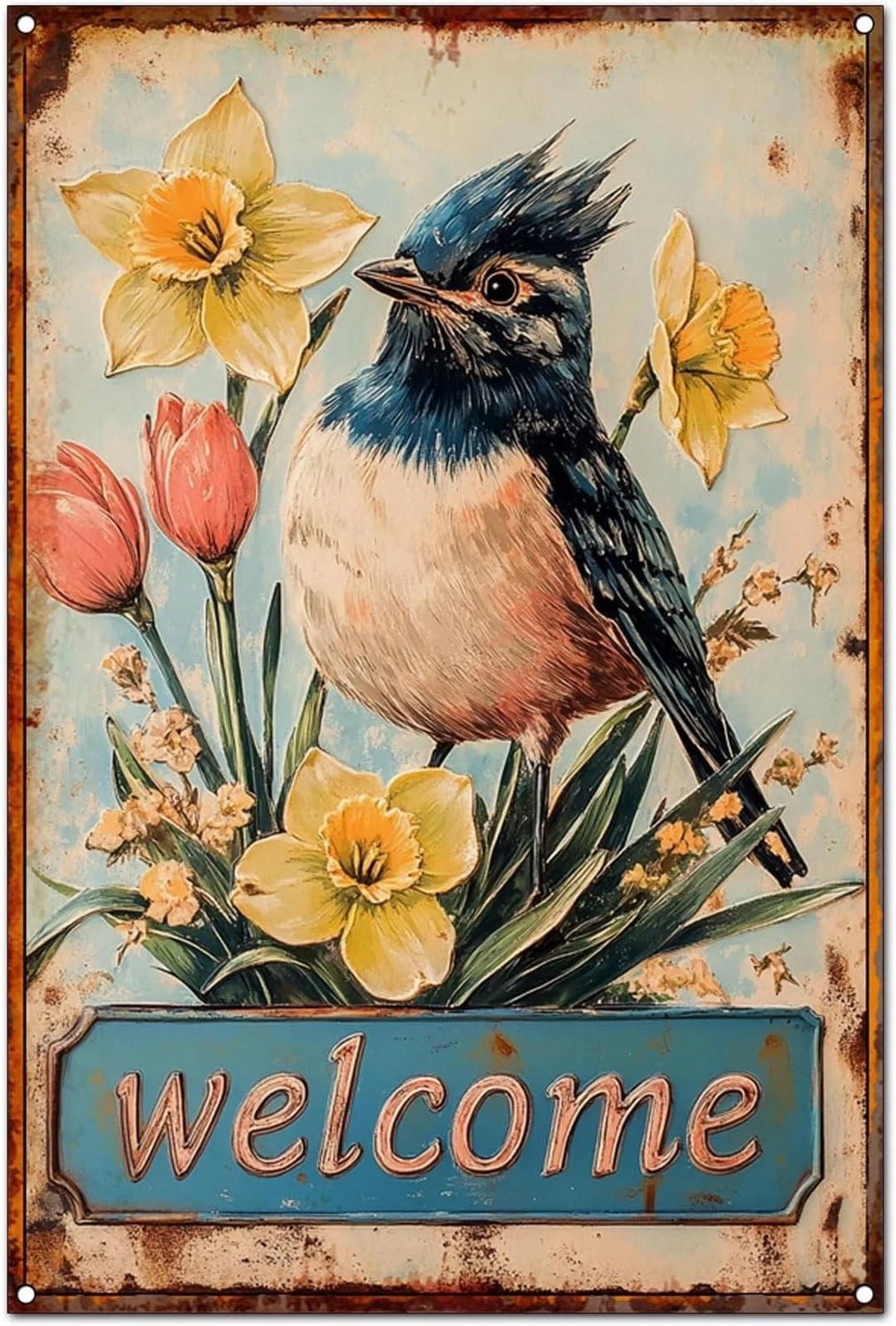 Tin Flowers Birds Welcome You Funny Aluminum Sign — product artwork