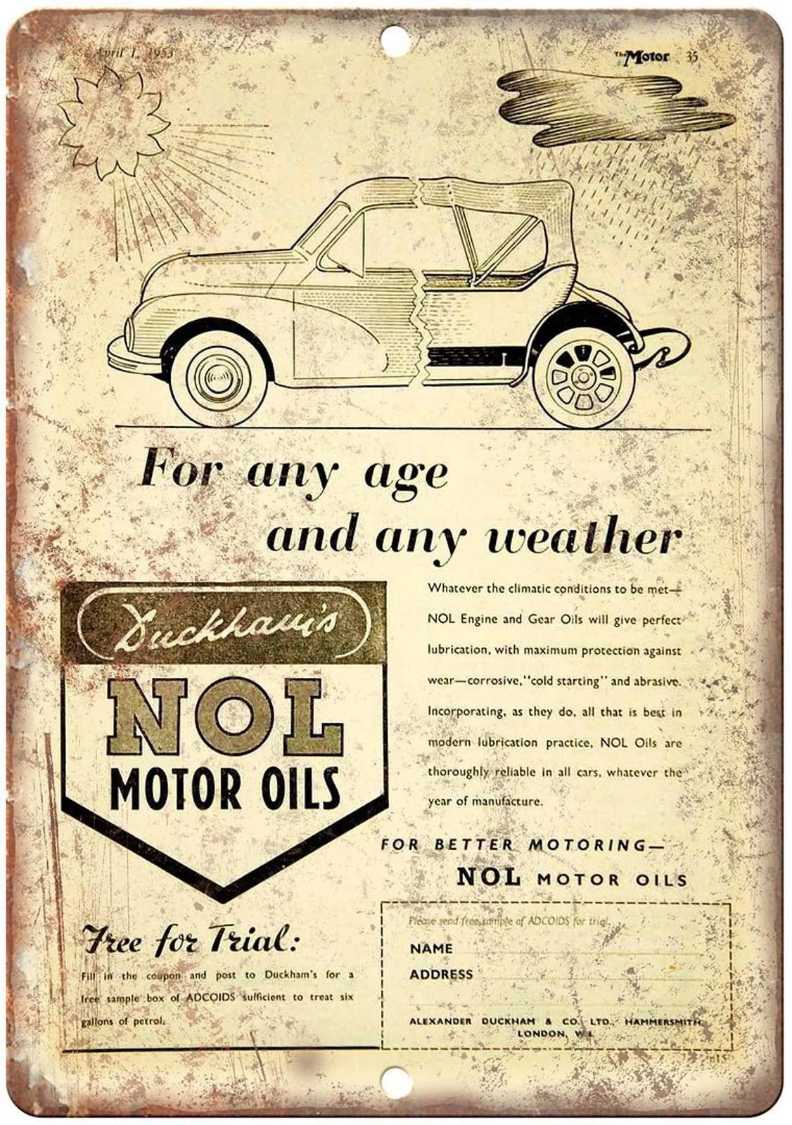 Vintage Motor Oil Nol Motor Oil Funny Garage Aluminum Sign — product artwork