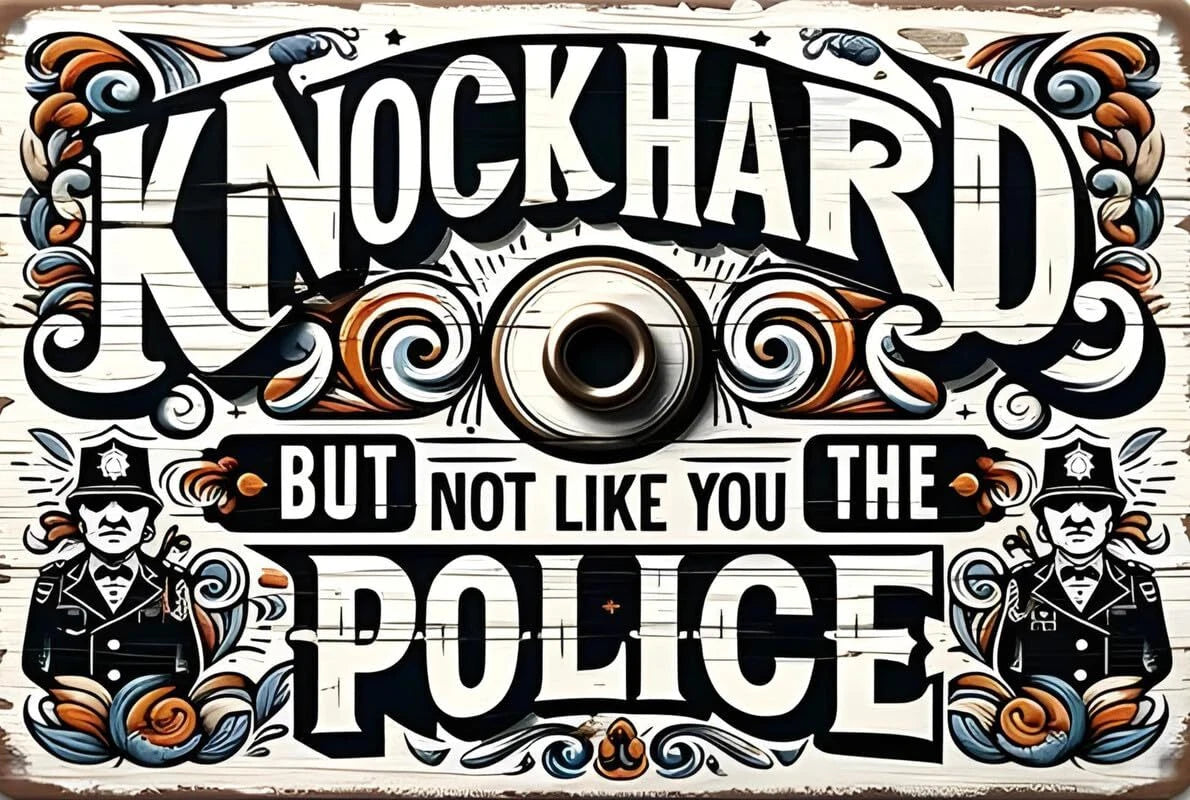 Knock Hard Police Funny Aluminum Sign — product artwork