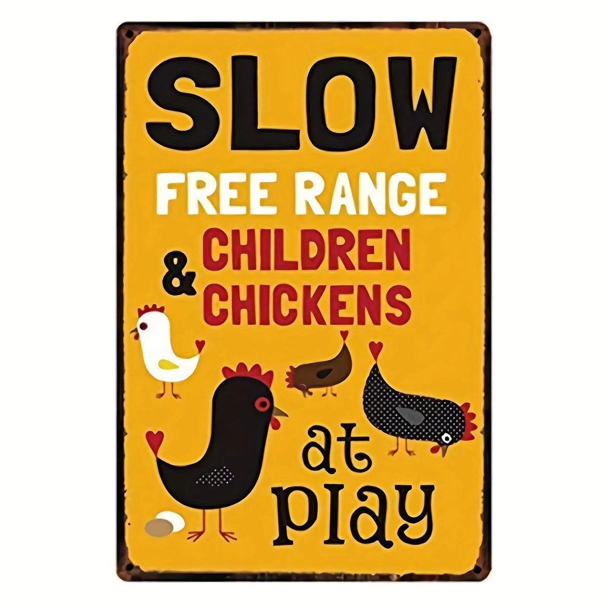 Vintage Funny Children Chickens at Play Farmhouse Aluminum Sign — product artwork