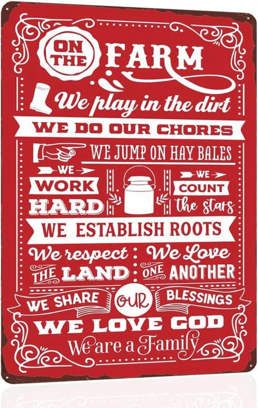 On the Farm We Play in the Dirt Family Rules Aluminum Sign — product artwork