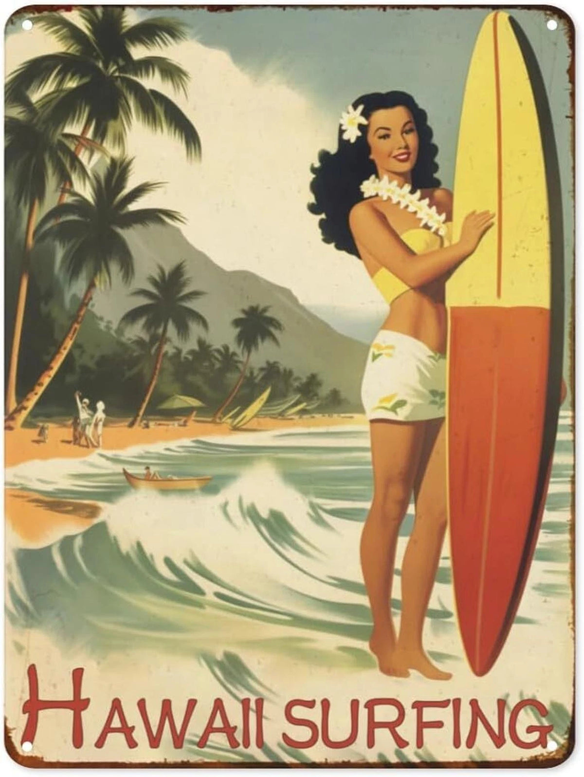 Hawaii Surfing Tin Vintage Funny Tropical Aluminum Sign — product artwork