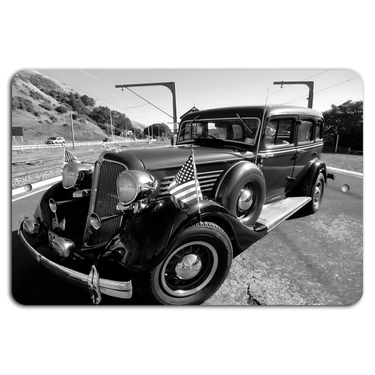 Antique Sedan with American Flags Aluminum Sign — product artwork
