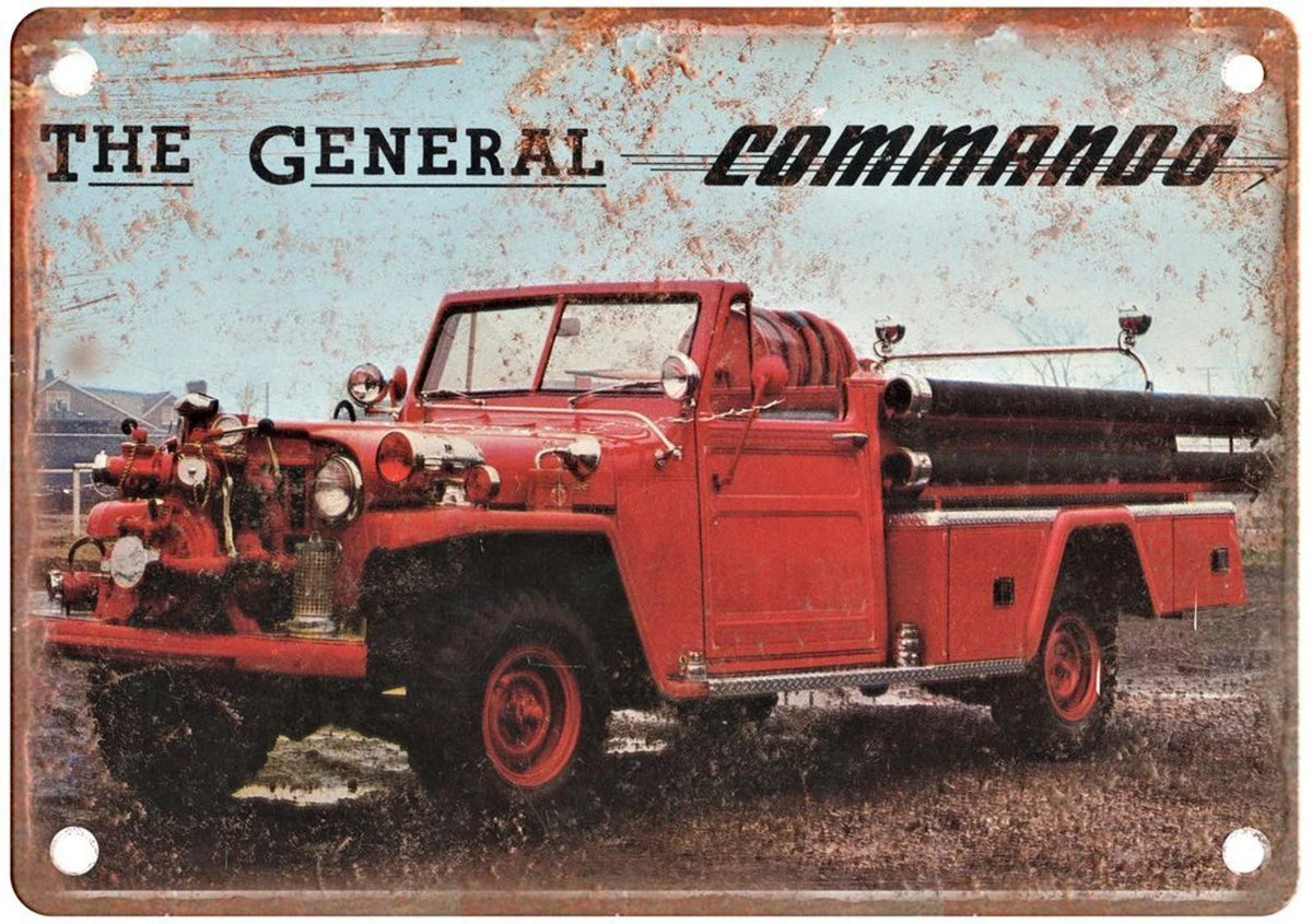 Willys Jeep Vintage Auto Ad Commando Fire Truck Aluminum Sign — product artwork