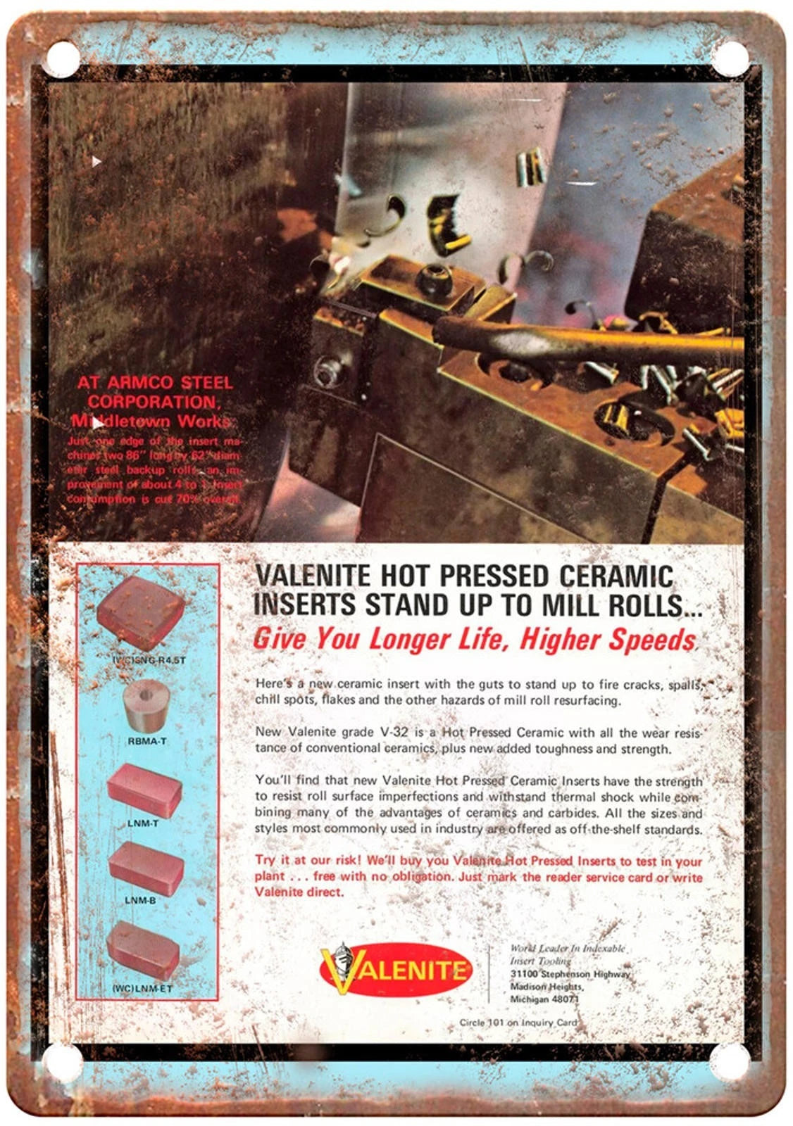 Vintage Valenite 1976 Industrial Tooling Aluminum Sign — product artwork