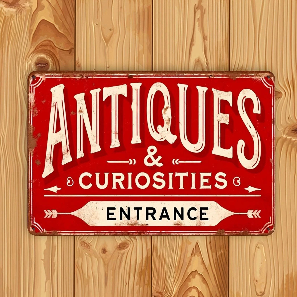 Vintage Tin Red Antiques Curiosities Entrance Shop Aluminum Sign — product artwork