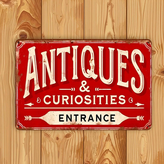 Vintage Tin Red Antiques Curiosities Entrance Shop Aluminum Sign — product artwork