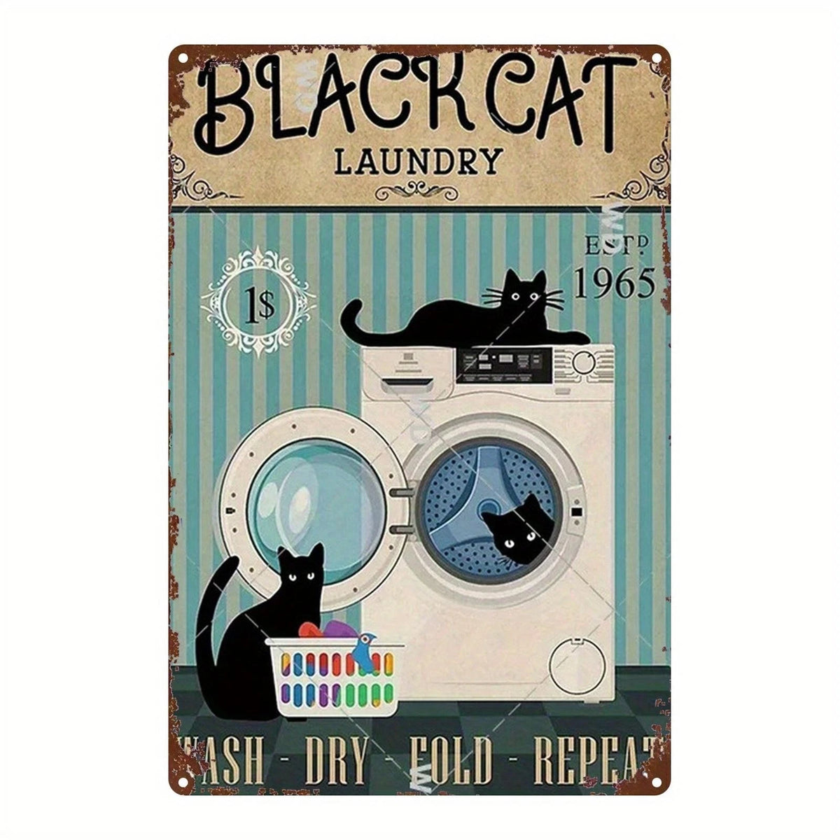 Black Cat Funny Vintage Laundry Rustic Wall Art Aluminum Sign — product artwork
