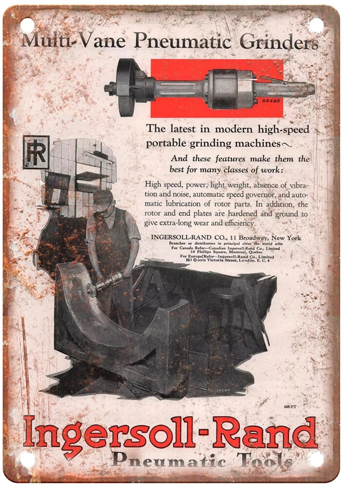 Ingersoll Rand Vintage 1930 Pneumatic Grinder Aluminum Sign — product artwork