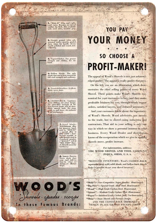 Vintage 1935 Wood Shovel Tool Company Aluminum Sign — product artwork