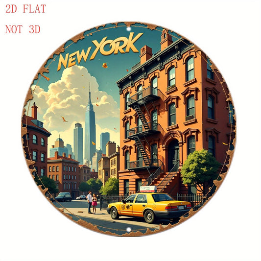 City Skyline Iconic Nyc Taxi Funny Round Aluminum Sign — product artwork