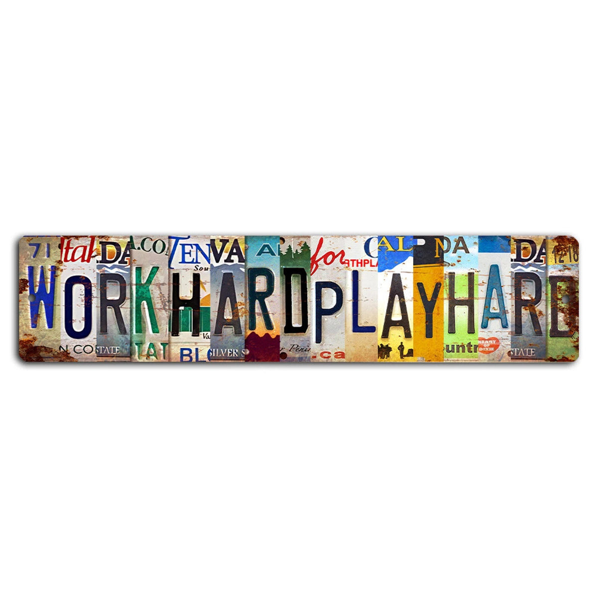 Work Hard Play Hard Cut Up Styled License Plate Aluminum Street Sign — product artwork