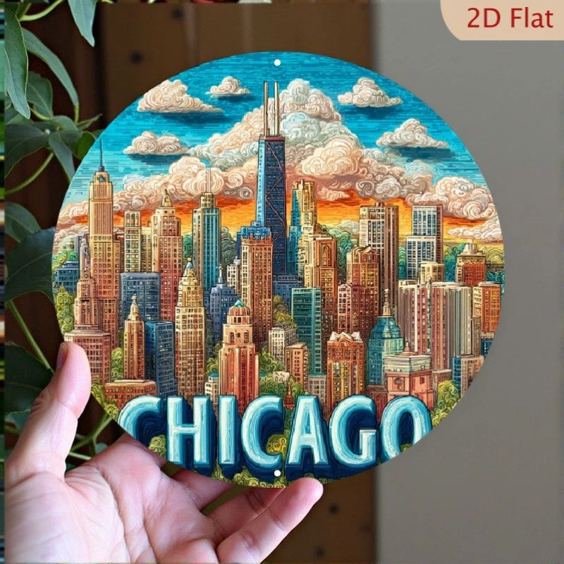 Chicago Skyline Travel Poster Round Aluminum Sign — product artwork