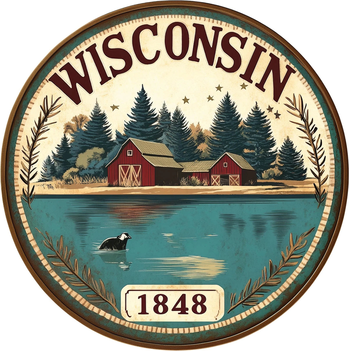 Wisconsin Vintage Scenic Round Aluminum Sign — product artwork
