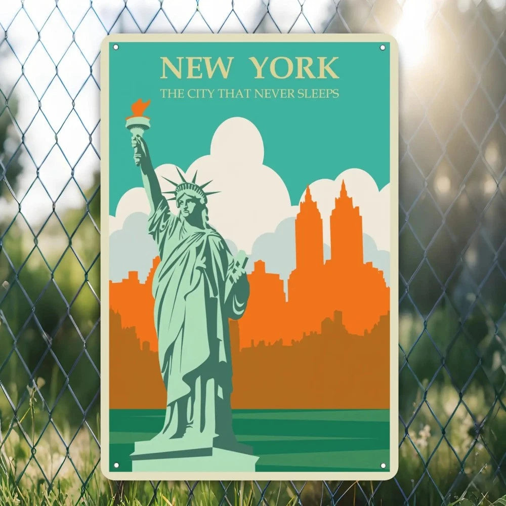 Vintage New York Turquoise Retro NYC Skyline Aluminum Sign — product artwork