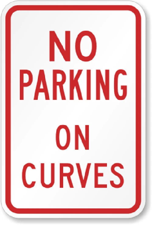 No Parking on Curves Red Aluminum Sign — product artwork