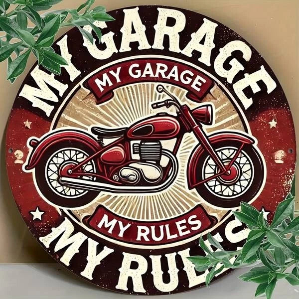My Garage My Rules Funny Round Aluminum Sign — product artwork