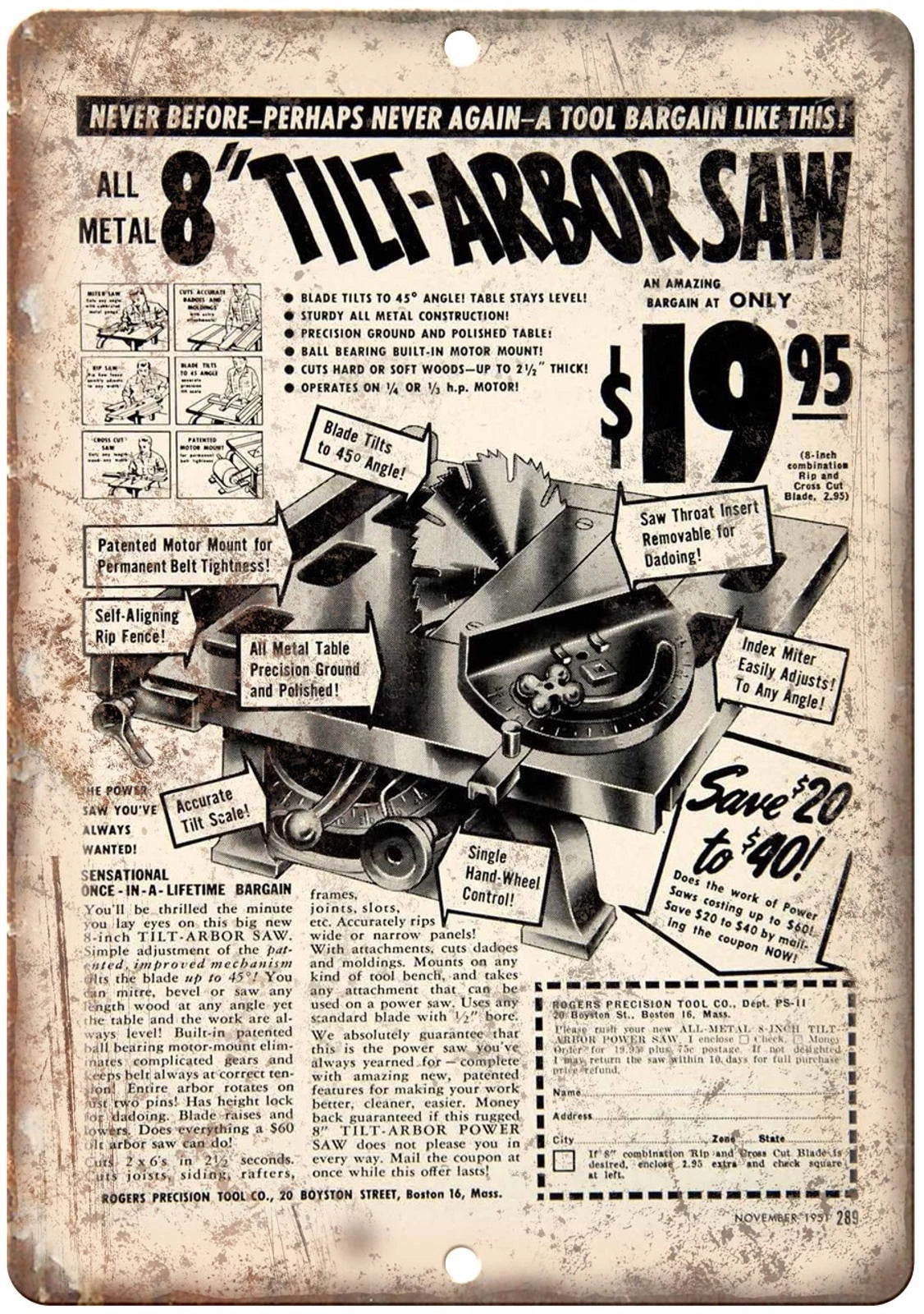 Tilt Arbor Saw Precision Tool Co Reproduction Aluminum Sign — product artwork