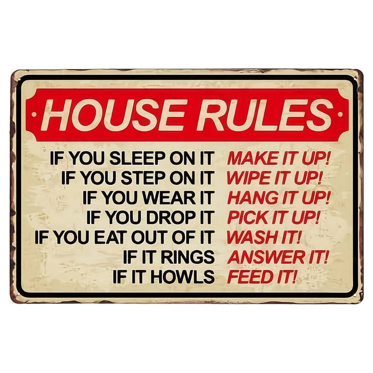 Wall Art Vintage House Rules Funny Red Aluminum Sign — product artwork